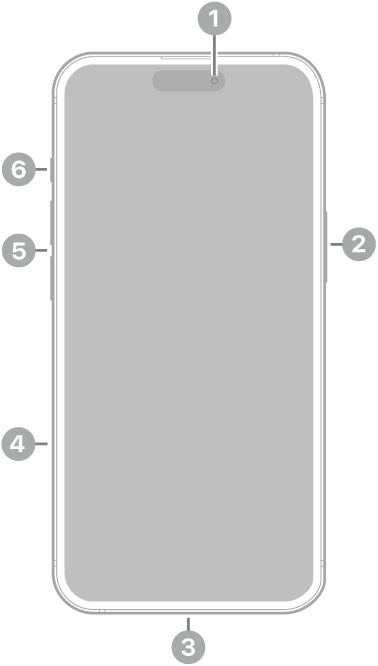 Vista frontal del iPhone 15 Plus. La cámara frontal se encuentra en la parte superior central. El botón lateral está en el lado derecho. El conector Lightning está en la parte inferior. En el lado izquierdo, de abajo a arriba, se encuentran la bandeja SIM, los botones de volumen y el conmutador de tono/silencio.