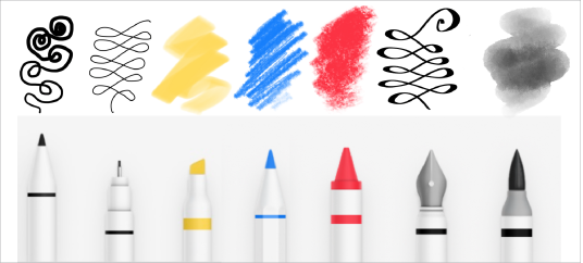 Algunas herramientas de dibujo de Freeform y sus trazos: Marcador, Bolígrafo, Rotulador, Lápiz, “Lápiz de color”, “Pluma estilográfica” y “Pincel de acuarela”.