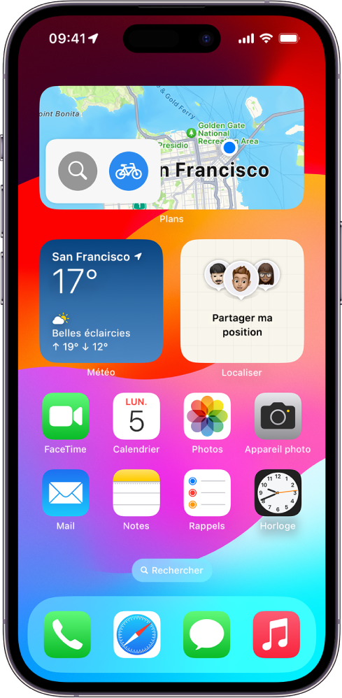 Le widget Plans, d’autres widgets ainsi que des icônes d’app sur l’écran d’accueil d’un iPhone.
