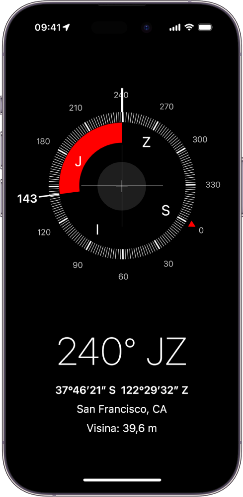 Zaslon Kompasa sa smjerom u kojem je iPhone okrenut, trenutačnom lokacijom i nadmorskom visinom.