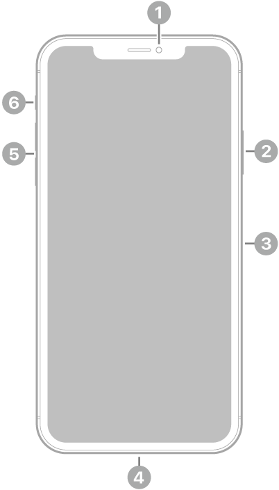 Az iPhone 11 Pro Max elölnézete. Az előlapi kamera felül található középen. A jobb oldalon fentről lefelé haladva az oldalsó gomb és a SIM-tálca található. A Lightning-csatlakozó az eszköz alján van elhelyezve. A bal oldalon alulról felfelé haladva a hangerőgombok és a Csengetés/Némítás kapcsoló található.