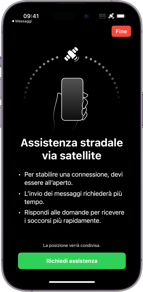 La schermata dell’assistenza stradale via satellite. Nella parte inferiore dello schermo è presente il pulsante “Richiedi assistenza”.