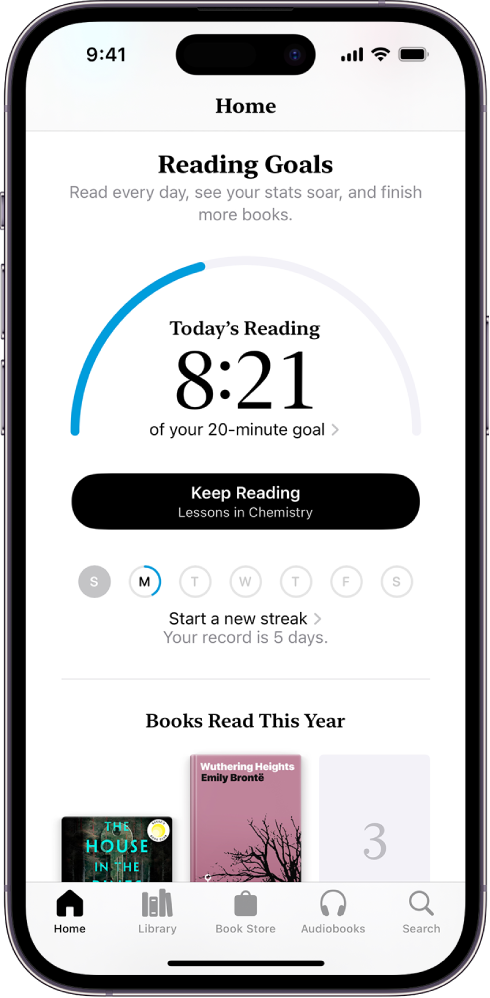 Ekrānā Reading Goals ir redzama lietotāja statistika, piemēram, šodienas lasāmviela, nedēļas lasīšanas rezultāti un šajā gadā izlasītās grāmatas. Apakšdaļā ir šādas cilnes: Home (kas pašlaik atlasīta), Library, Book Store, Audiobooks un Search.
