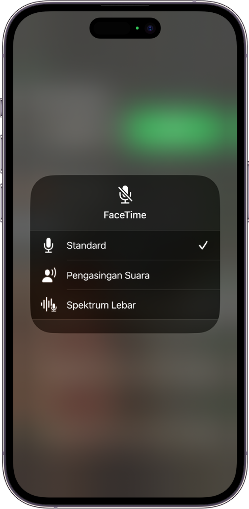 Seting Mod Mik Pusat Kawalan untuk panggilan FaceTime, menunjukkan seting audio Standard, Pengasingan Suara dan Spektrum Lebar.
