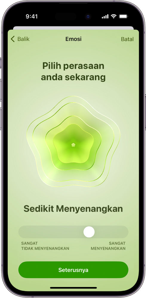 Skrin dalam app Kesihatan mengenal pasti perasaan semasa sebagai Sedikit Menyenangkan. Di bahagian bawah skrin ialah gelangsar untuk melaraskan tahap emosi.