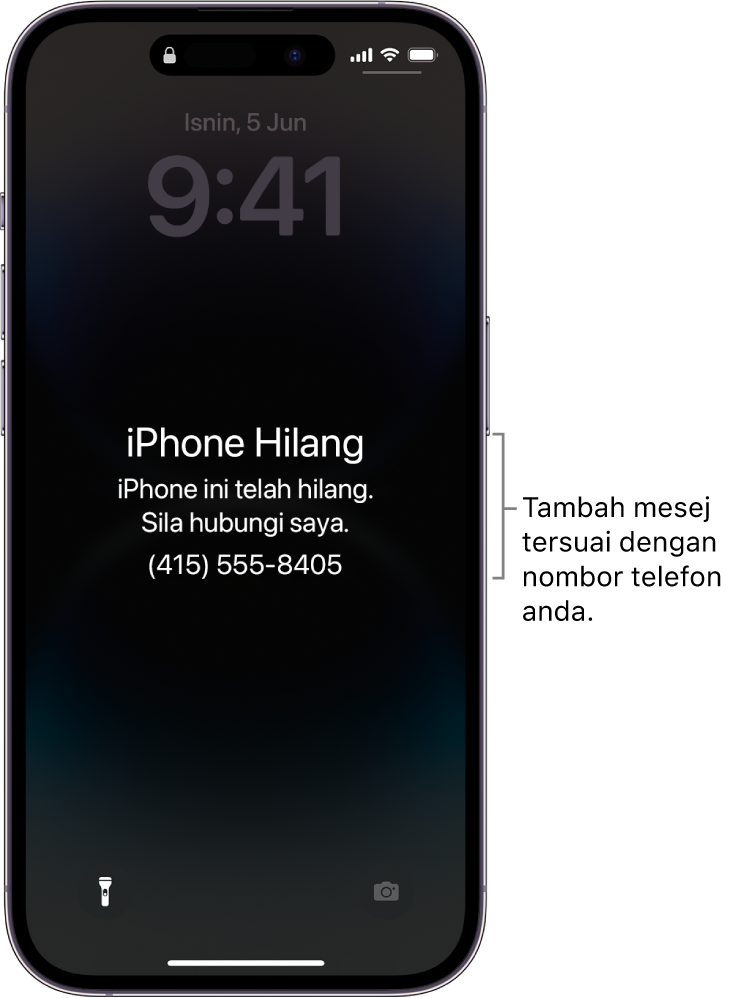 Skrin Kunci iPhone dengan mesej iPhone yang hilang. Anda boleh menambah mesej tersuai dengan nombor telefon anda.
