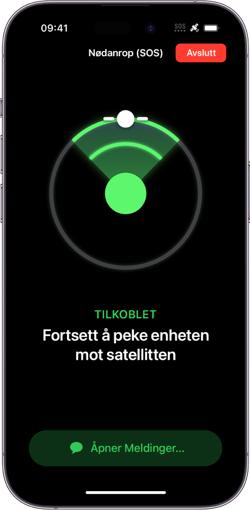 Nødanrop (SOS)-skjermen som viser at telefonen er koblet til og ber brukeren om å peke telefonen på en satellitt. Åpne meldinger-knappen er nederst på skjermen.