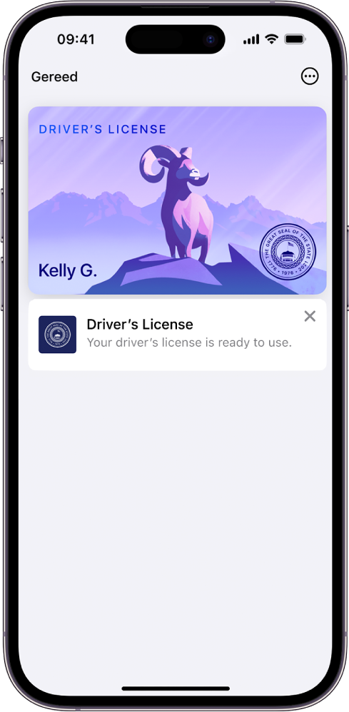 Een rijbewijs in de Wallet-app. Linksbovenin zie je de knop 'Gereed' en rechtsbovenin de knop 'Meer'.