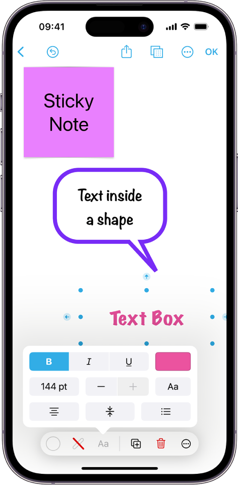Um quadro Freeform a mostrar uma caixa de texto selecionada e as ferramentas de formatação de texto por baixo.