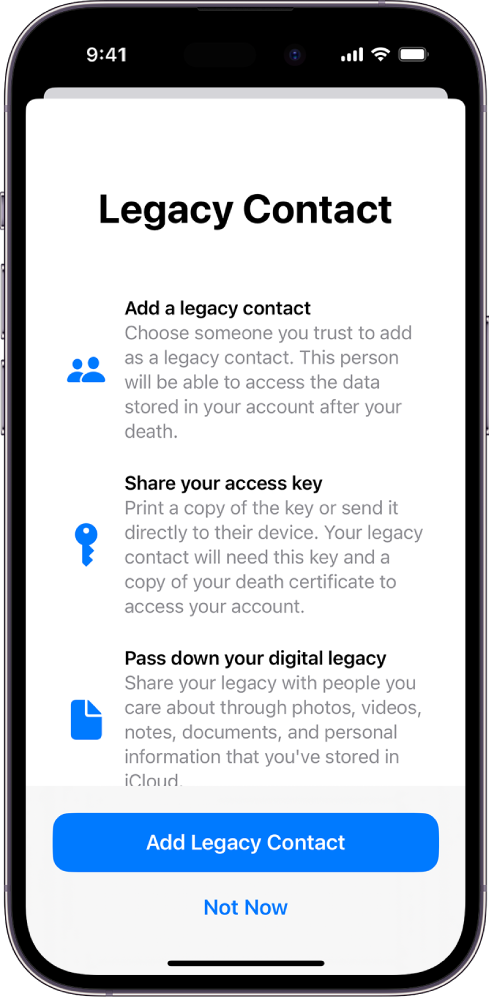 Zaslon Legacy Contact z informacijami o funkciji. Gumb Add Legacy Contact je na dnu.