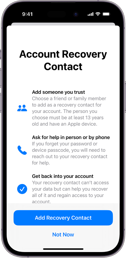 Zaslon Account Recovery Contact z informacijami o funkciji. Gumb Add Recovery Contact je na dnu.
