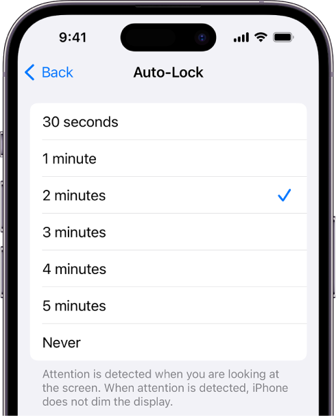 Auto-Lock екран са подешавањима времена након ког се iPhone аутоматски закључава.