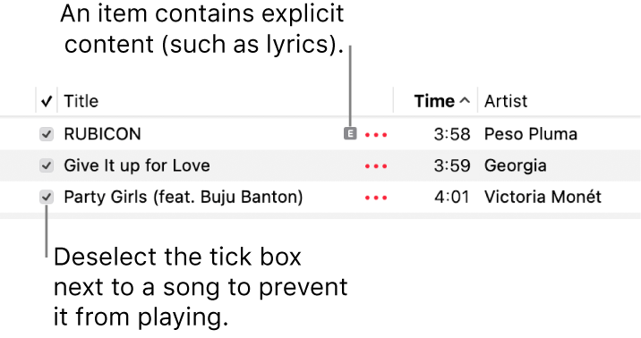 Detail of the songs list in Music, showing the tick boxes and an explicit symbol for the first song (indicating it has explicit content such as lyrics). Unselect the tick box next to a song to prevent it from playing.