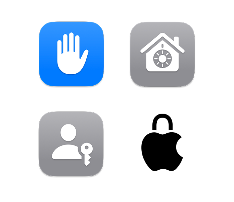 四個圖像表示「隱私權與安全性」、「檔案保險箱」、「通行密鑰」和「Apple 的隱私權政策」。