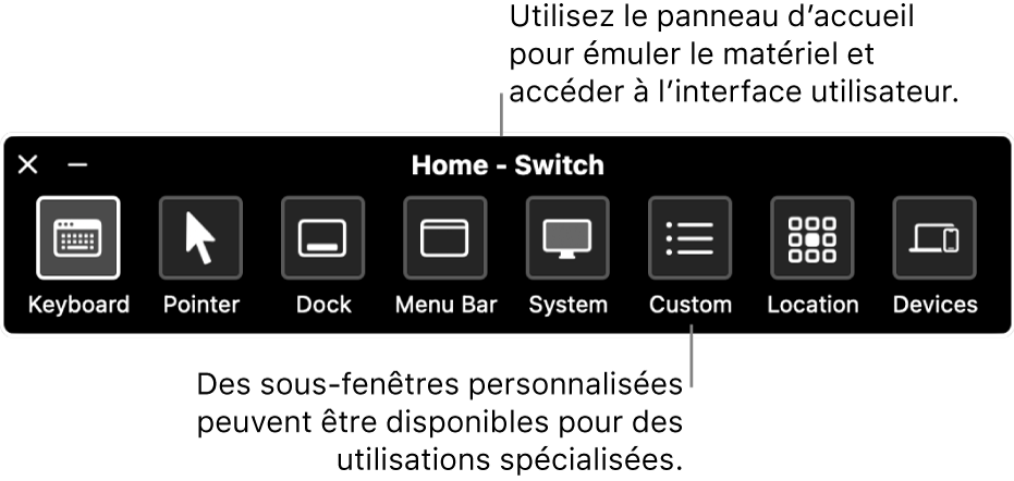 La sous-fenêtre d’accueil du Contrôle de sélection fournit des boutons pour contrôler, de gauche à droite, le clavier, le pointeur, le Dock, la barre des menus, les commandes système, les sous-fenêtres personnalisées, l’emplacement de l’écran et d’autres appareils.