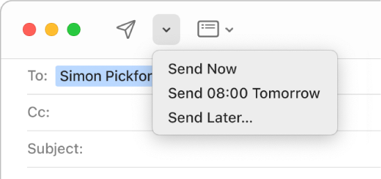 A menu in the message window showing different options for sending an email — Send Now, Send 8:00 AM Tomorrow and Send Later.