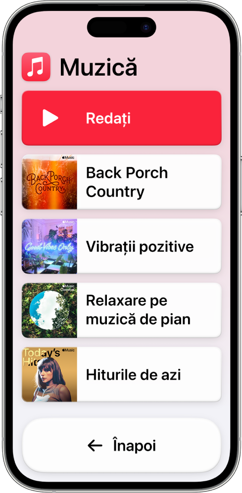 Un iPhone în modul Acces asistiv cu aplicația Muzică deschisă. Butonul de redare se află în partea de sus a ecranului și butonul Înapoi este în partea de jos. O listă cu liste de redare umple partea din mijloc a ecranului.