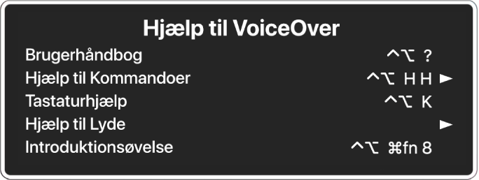 VoiceOver-hjælpemenuen viser følgende fra top til bund: Brugerhåndbog, Hjælp til kommandoer, Tastaturhjælp, Hjælp til lyde og Introduktionsøvelse. Til højre for hvert emne står den VoiceOver-kommando, som viser emnet, eller en pil, der åbner en undermenu.