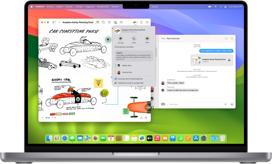 El escritorio de un Mac con dos ventanas abiertas: la ventana de Freeform con una pizarra compartida y opciones para colaborar, y la app Mensajes con una conversación que muestra la misma pizarra compartida.
