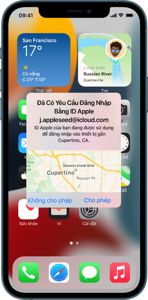 Một màn hình iPhone đang hiển thị một nỗ lực đăng nhập của một người dùng trên một thiết bị khác được liên kết với tài khoản iCloud.