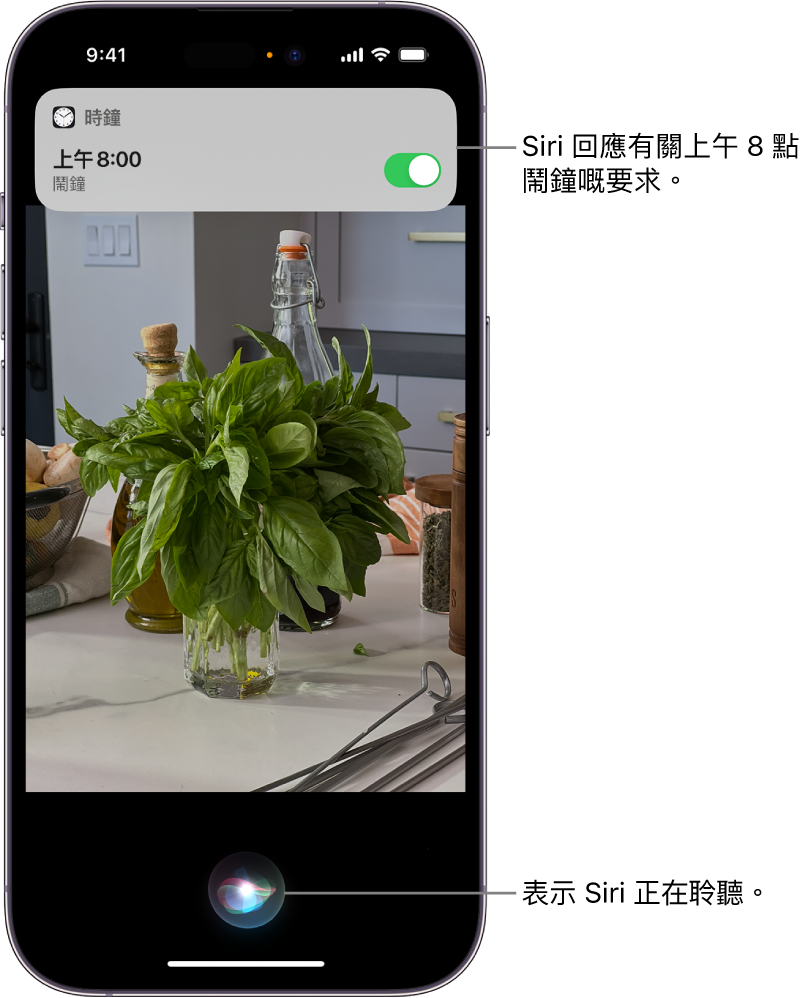 iPhone 螢幕。在螢幕最上方附近是一個來自「時鐘」App 的通知，顯示已開啟一個上午 8 點的鬧鐘。螢幕底部的圖像表示 Siri 正在聆聽。