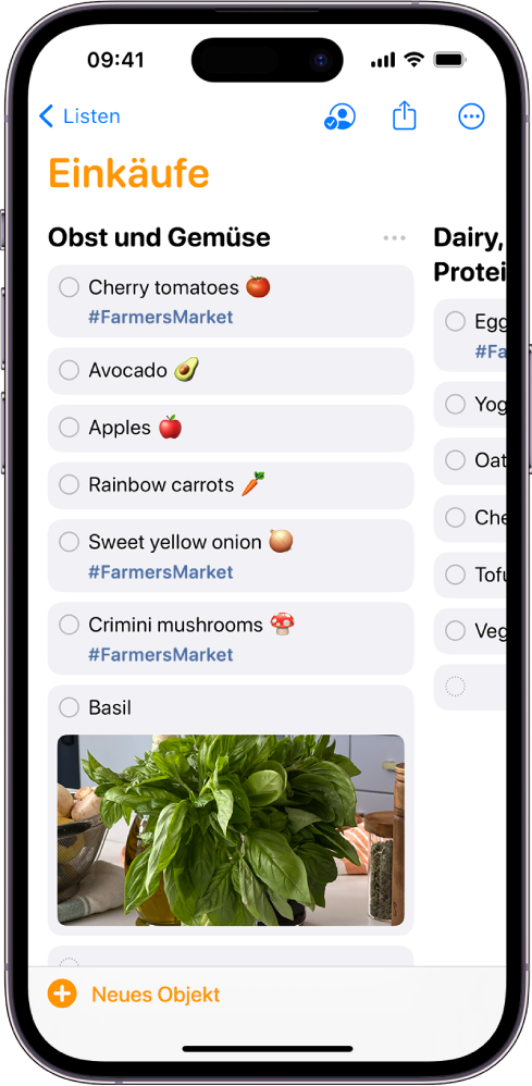 Eine Einkaufsliste in der App „Erinnerungen“ mit den in Spalten angeordneten Kategorien. Unten links befindet sich die Taste „Neues Objekt“.