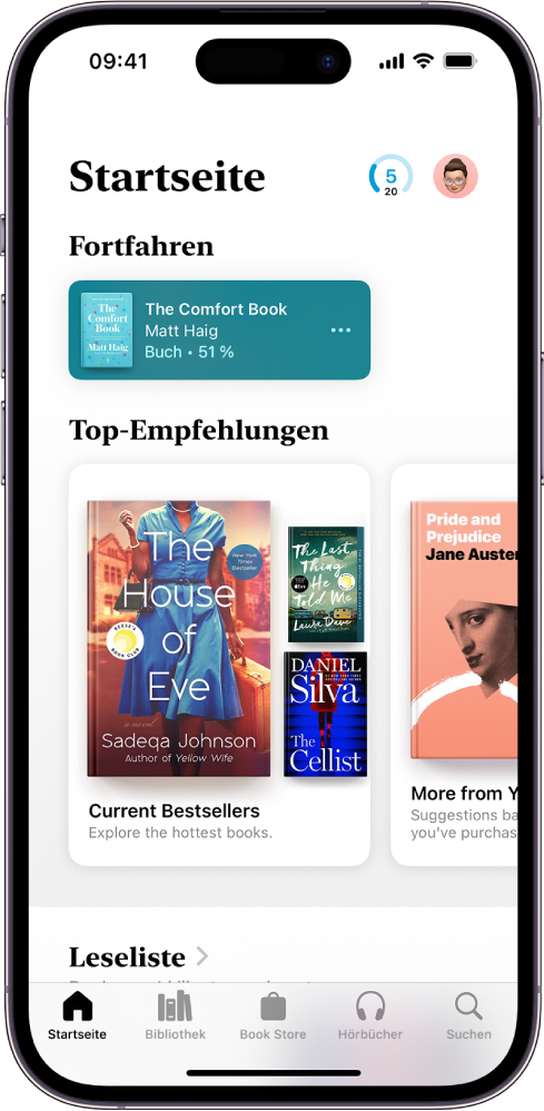 Der Bildschirm „Home“ in der App „Bücher“. Unten auf dem Bildschirm sind von links nach rechts die Tabs „Home“, „Bibliothek“, „Book Store“, „Hörbücher“ und „Suchen“ zu sehen. Der Tab „Home“ ist ausgewählt.