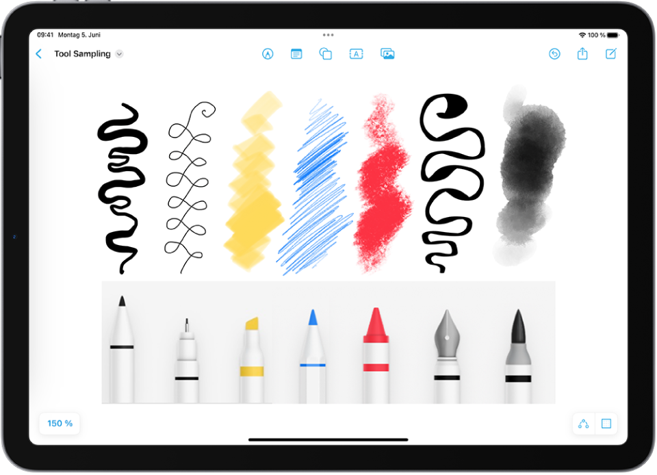 Einige Freeform-Zeichenwerkzeuge und ihre Striche: „Marker“, „Stift“, „Textmarker“, „Bleistift“, „Buntstift“, „Füllfederhalter“ und „Aquarellpinsel“.