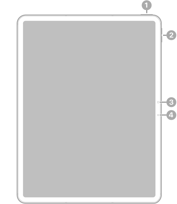 The front view of iPad Air 11-inch (M2) with callouts to the top button and Touch ID at the top right, the volume buttons at the top right, the front camera at the center right, and the microphone on the right.
