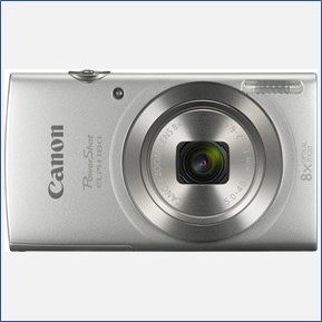 A compact silver handheld camera for taking still images, lens facing the viewer, available to students, faculty, and staff.