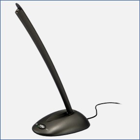A black plug-in computer microphone with black desktop base, available to students, faculty, and staff.