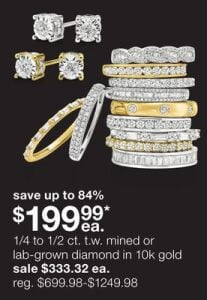 1/4 to 1/2 ct. t.w. mined or lab-grown diamond in 10k gold for $199.99 Each