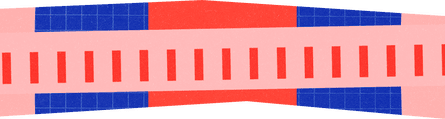 Graphic illustration of rectangle, where in background are wide columns of pink, blue and red, and on top is a row of red lines on pink.