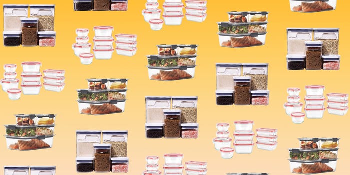A pattern collage of three food storage container sets on a gradient yellow background.
