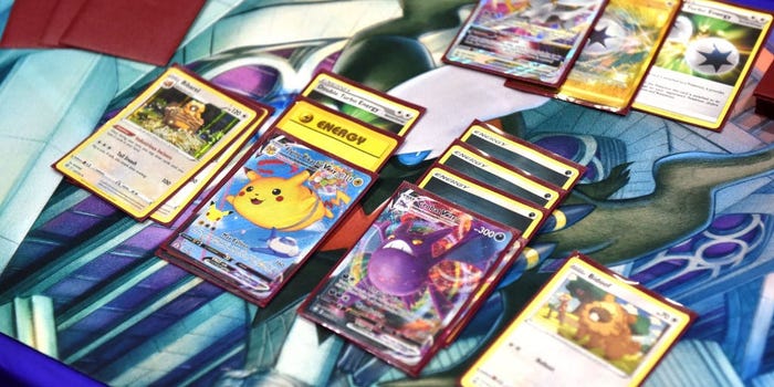 A deck of Pokémon trading cards, seen in London in August 2022.
