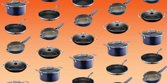An image collage of nonstick cookware pieces on a gradient orange background.