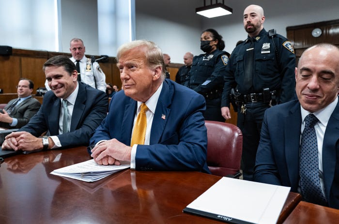 Donald Trump sits next to his attorneys Todd Blanche and Emil Bove during the former president's criminal hush-money trial in Manhattan.
