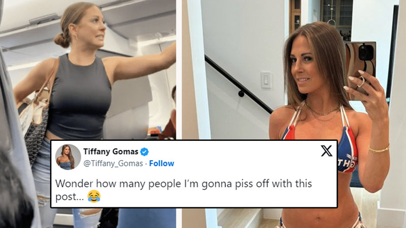 Tiffany Gomas, from her viral meme, and a tweet by her discussing the latest controversy around her beer bikini photo.