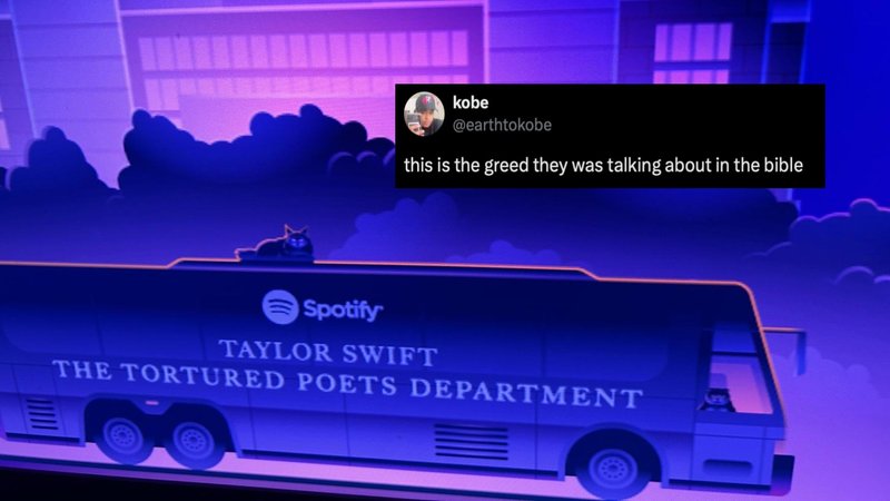 A branded Tortured Poets Department Bus by Taylor Swift in Roku City and a post discussing it.