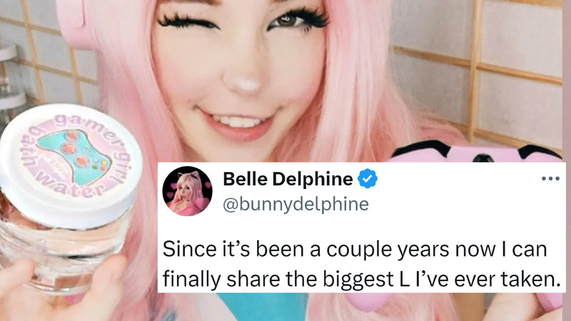 Bell Delphine holding GamerGirl Bathwater under tweet reading "Since it’s been a couple years now I can finally share the biggest L I’ve ever taken."