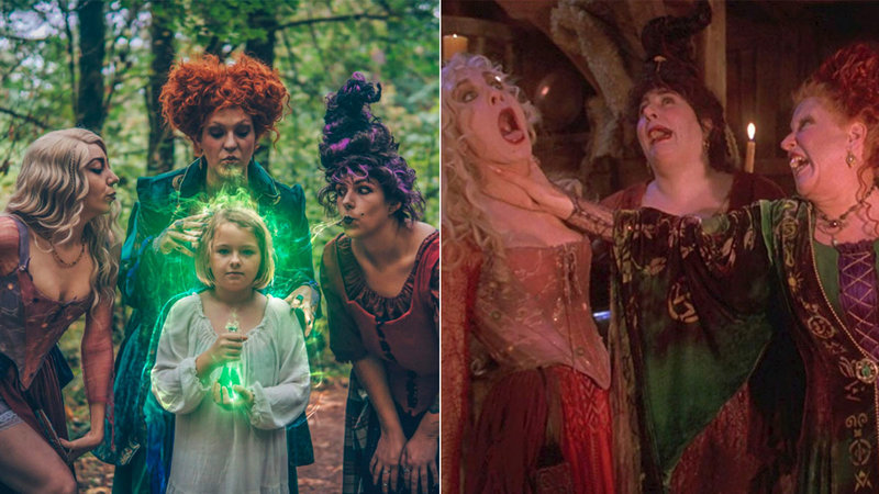 The PDX Sanderson sisters on the left and a still from hocus pocus on the right