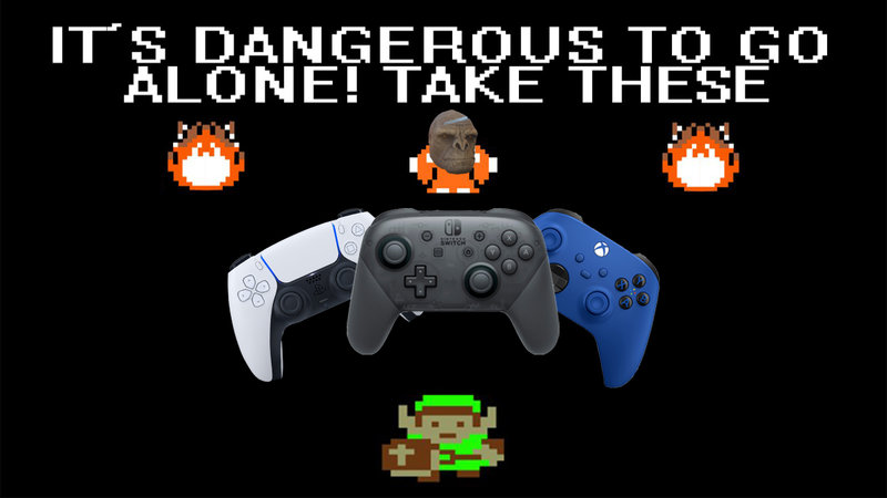 It's Dangerous To Go Alone Meme with Craig the Brute offering controllers from PlayStation, Xbox and Nintendo.