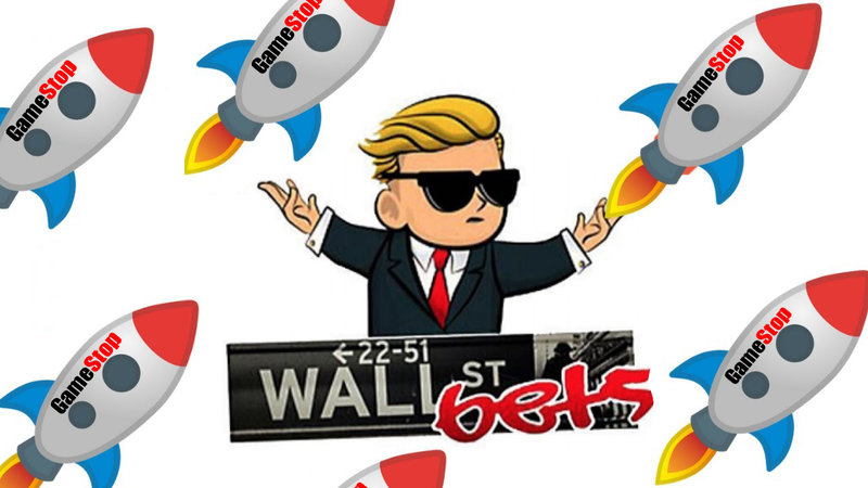 Wallstreetbets reddit logo and mascot surrounded by rocket emojis with the gamestop logo going "to the moon"