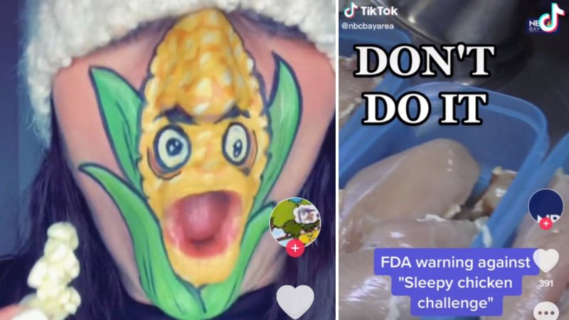 Two examples of bad TikTok trends, showing a warning about Sleepy Chicken and an image of the Corn Song gone too far. 