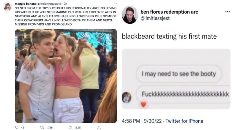 Two cheating scandal memes, one about Ned from Try Guys with a girl explaining meme and a pirate joke about "I may need to see the booty."