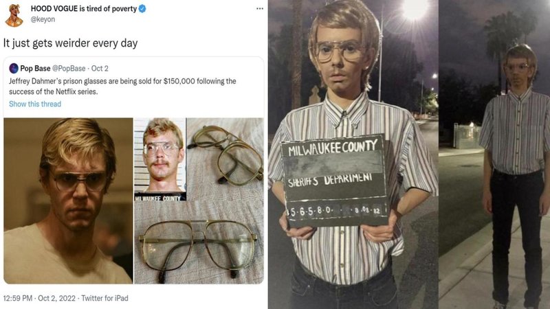 Two Dahmer posts, showing a Halloween costume and someone buying his glasses in an auction.