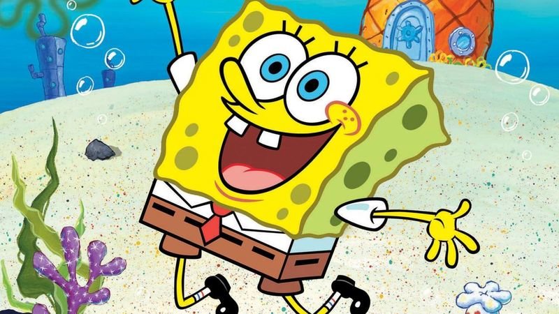 Spongebob Squarepants leaping for joy with his wide-eyed smile