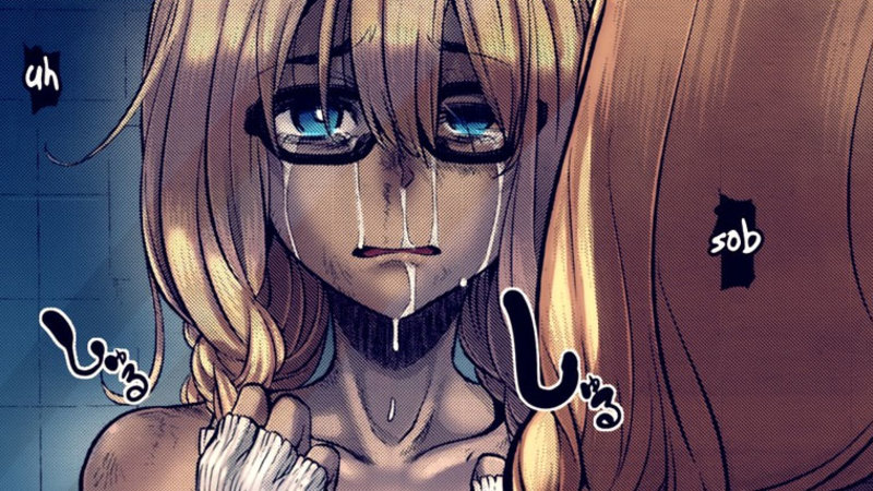 anime girl in glasses crying while looking in the mirror
