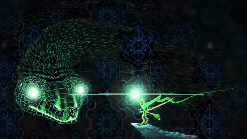 Reptilian creature with glowing eyes surrounded by metatron cubes