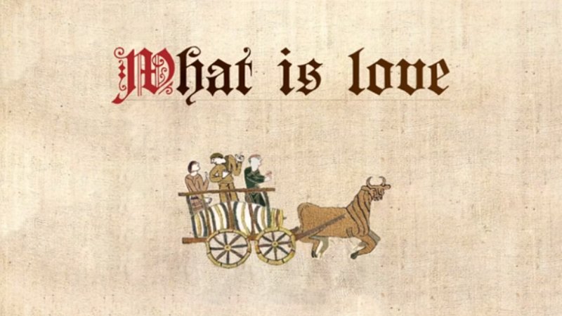 What is love old timey middle ages medieval art of three people riding a carriage pulled by a bull